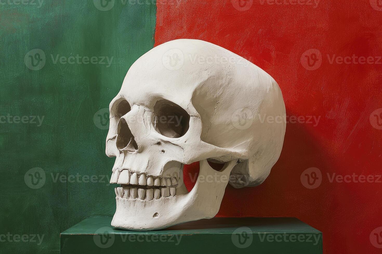 Skull Still Life on Green Table with Red and Green Backdrop photo