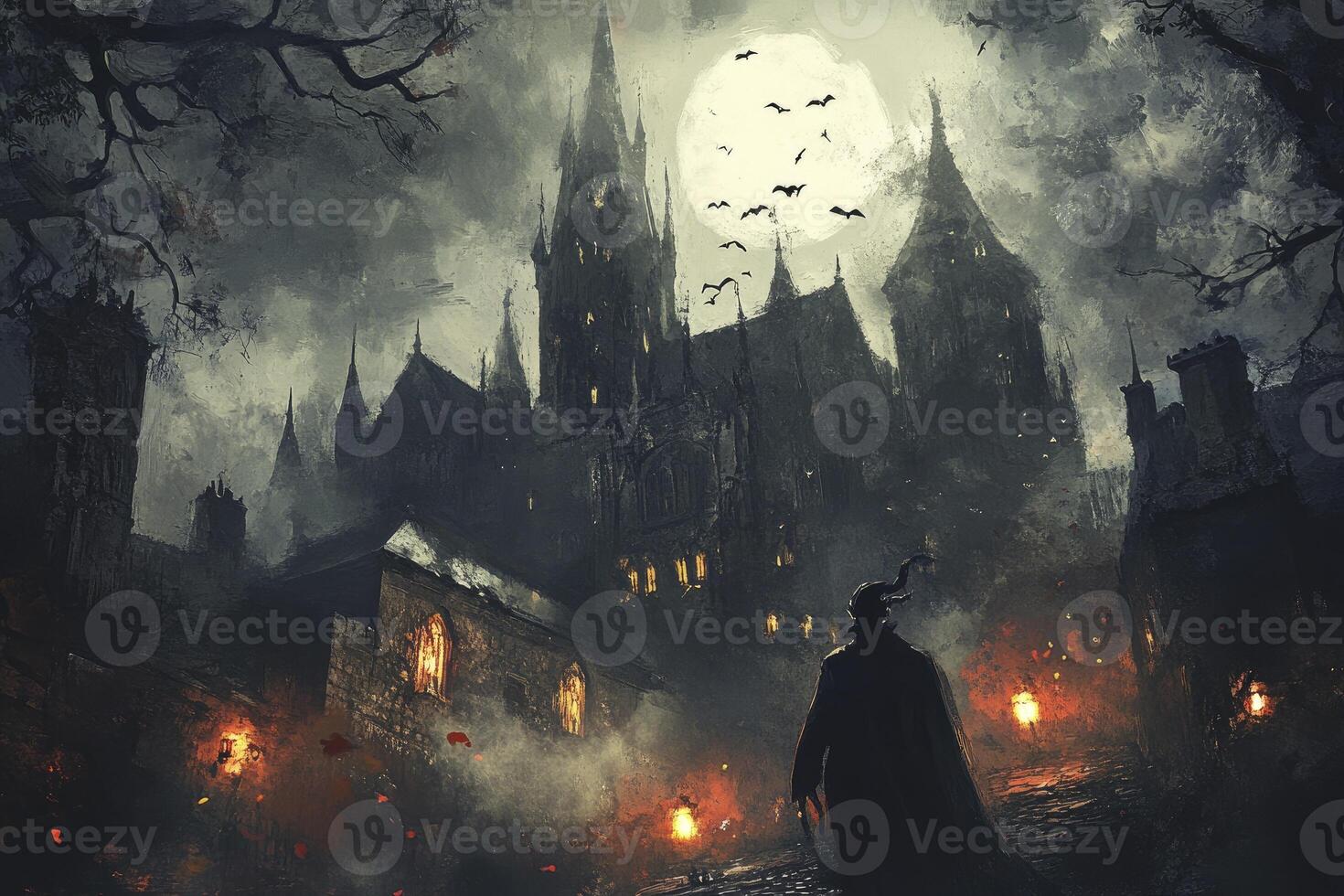 Witch Walking Toward Gothic Castle with Full Moon and Bats in Sky photo