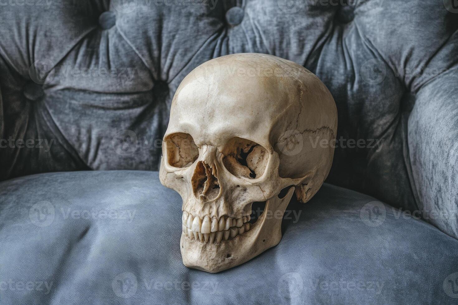 Human Skull Resting on Luxurious Blue Tufted Velvet Chair Still Life photo
