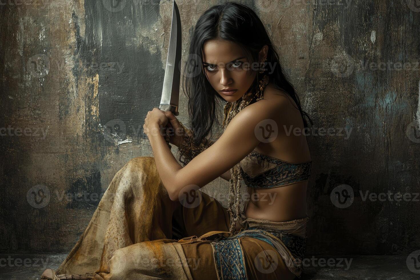 Warrior Woman Holding Dagger Sitting in Dark Outfit with Intense Stare photo