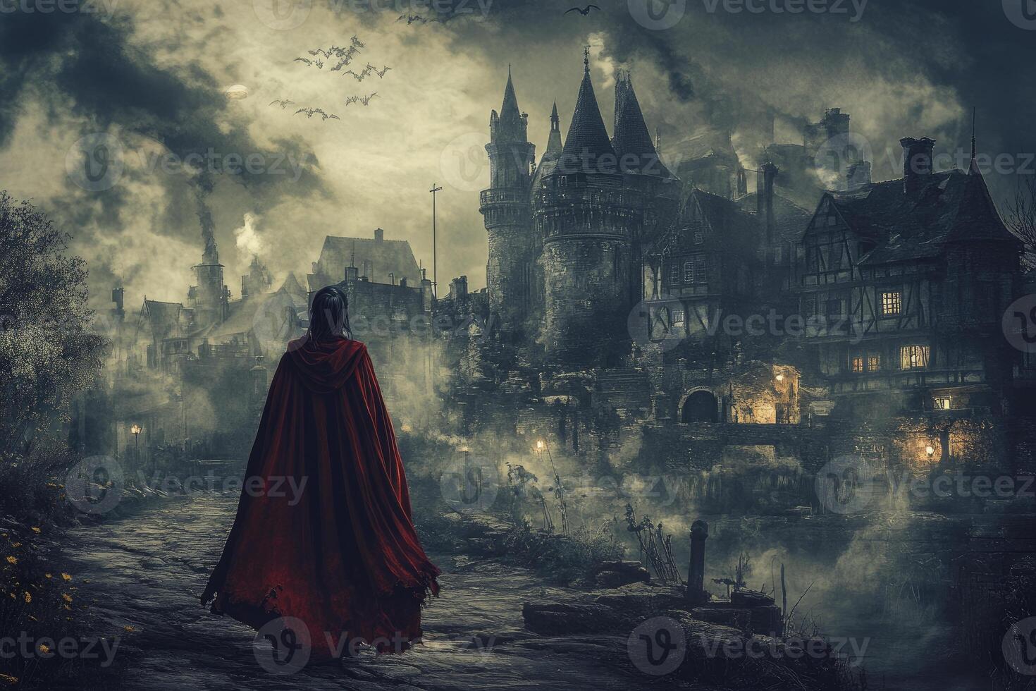 Walking to Dark Castle in Fog with Red Cloak at Night photo