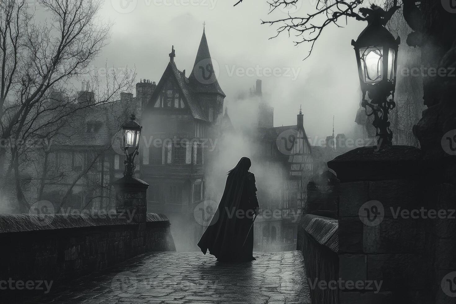 Mysterious Figure Walking on Bridge in Foggy, Dark Gothic Town photo