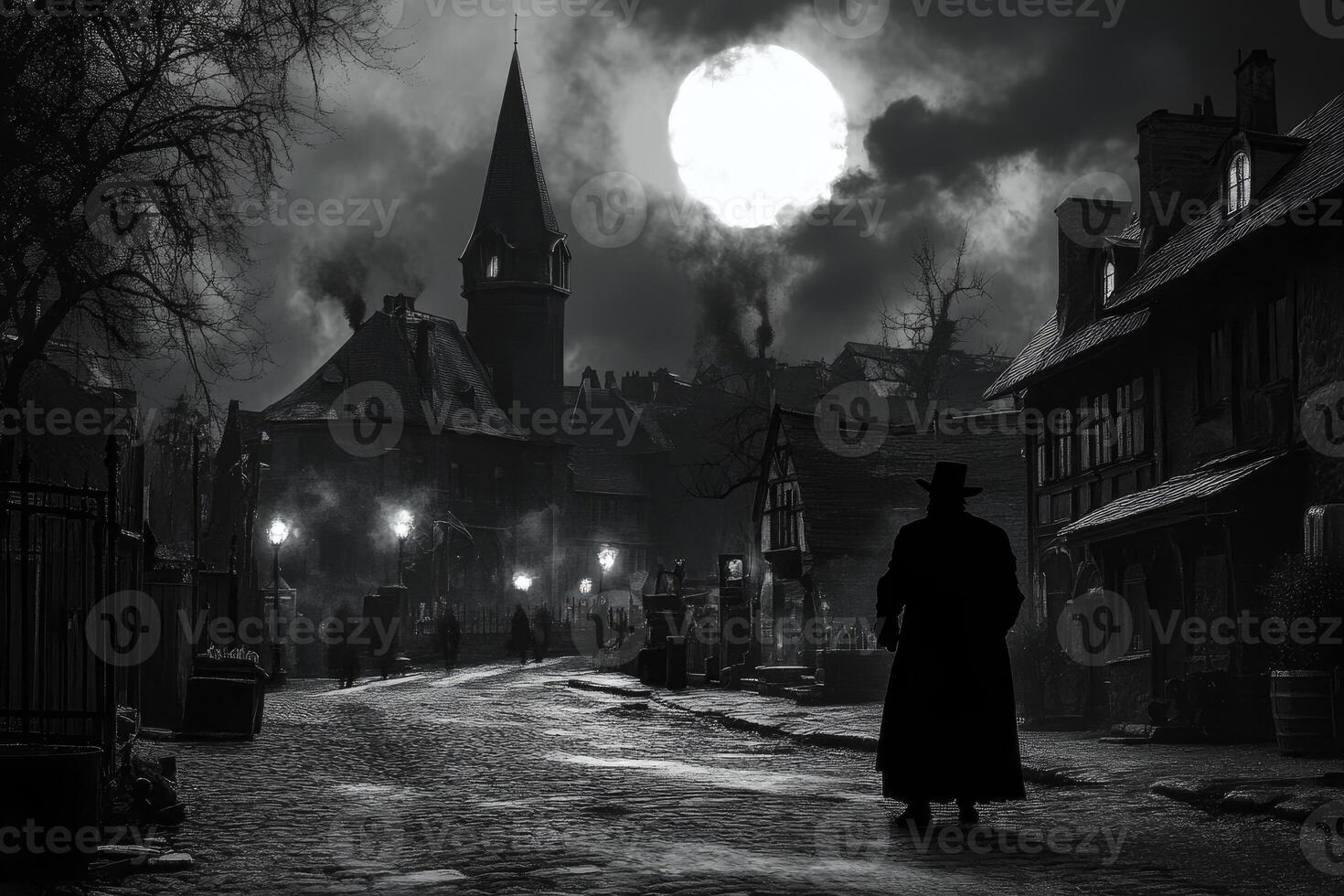 Mysterious Figure Walks Through Dark Victorian Era Village Under Full Moon photo
