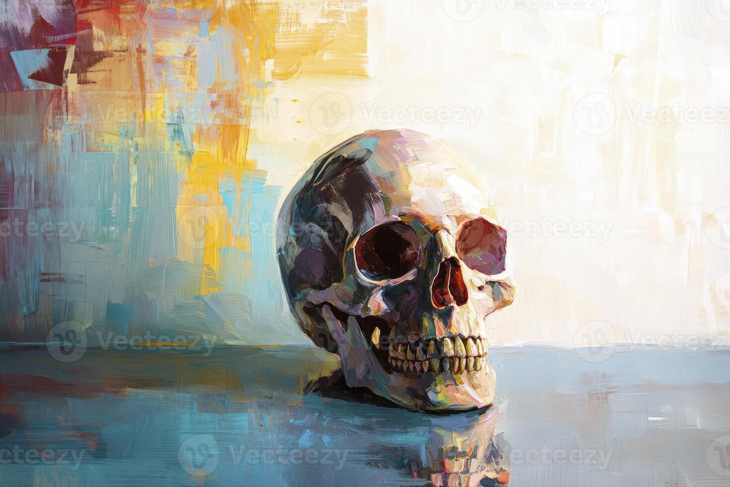 Skull Artwork with Abstract Background on Reflective Surface in Studio photo