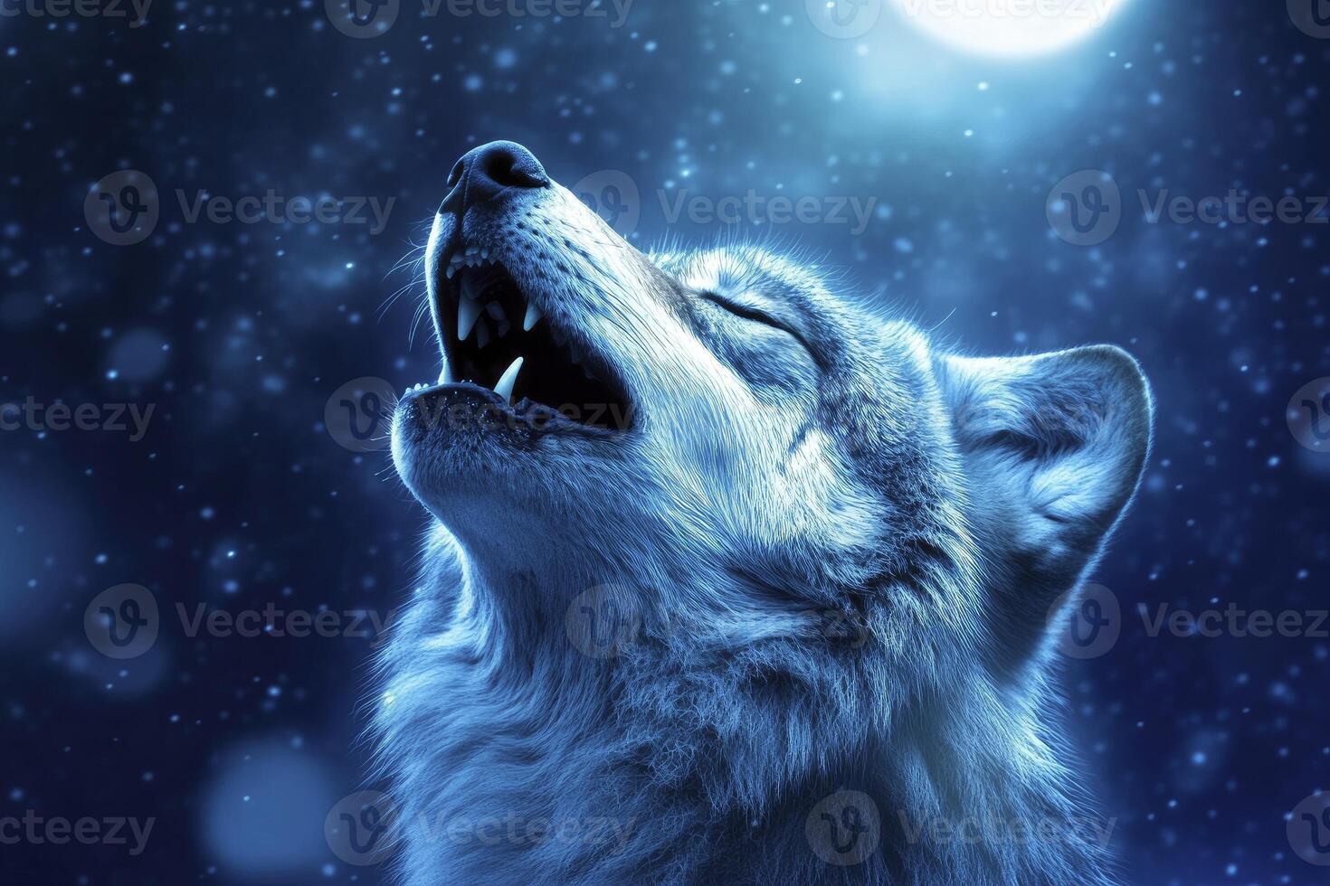 Wolf Howling at Moon in Night Sky with Snowing Effect photo