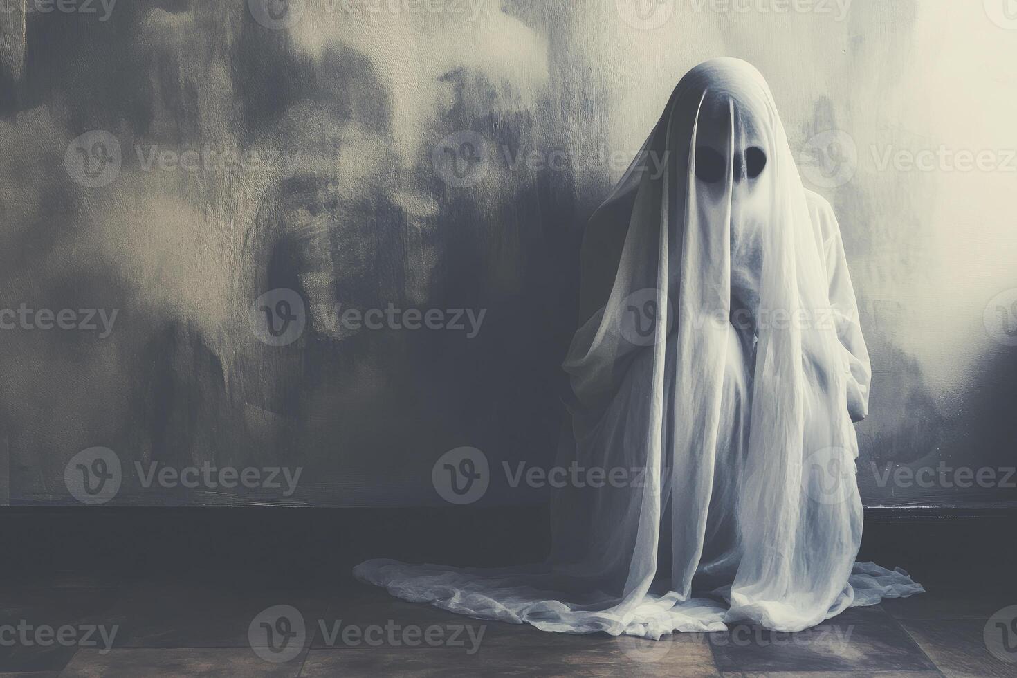 Person Dressed As Ghost Sitting Indoors Halloween or Spooky Theme photo