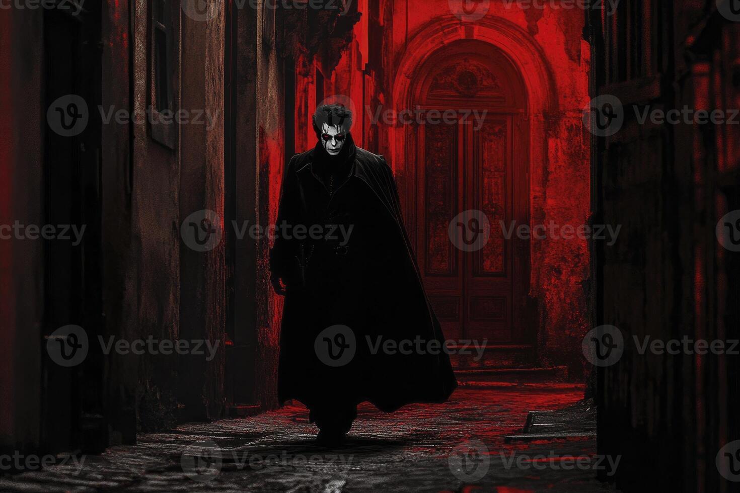 Man Wearing Black Coat Walking in Dark Red Lit Alleyway photo