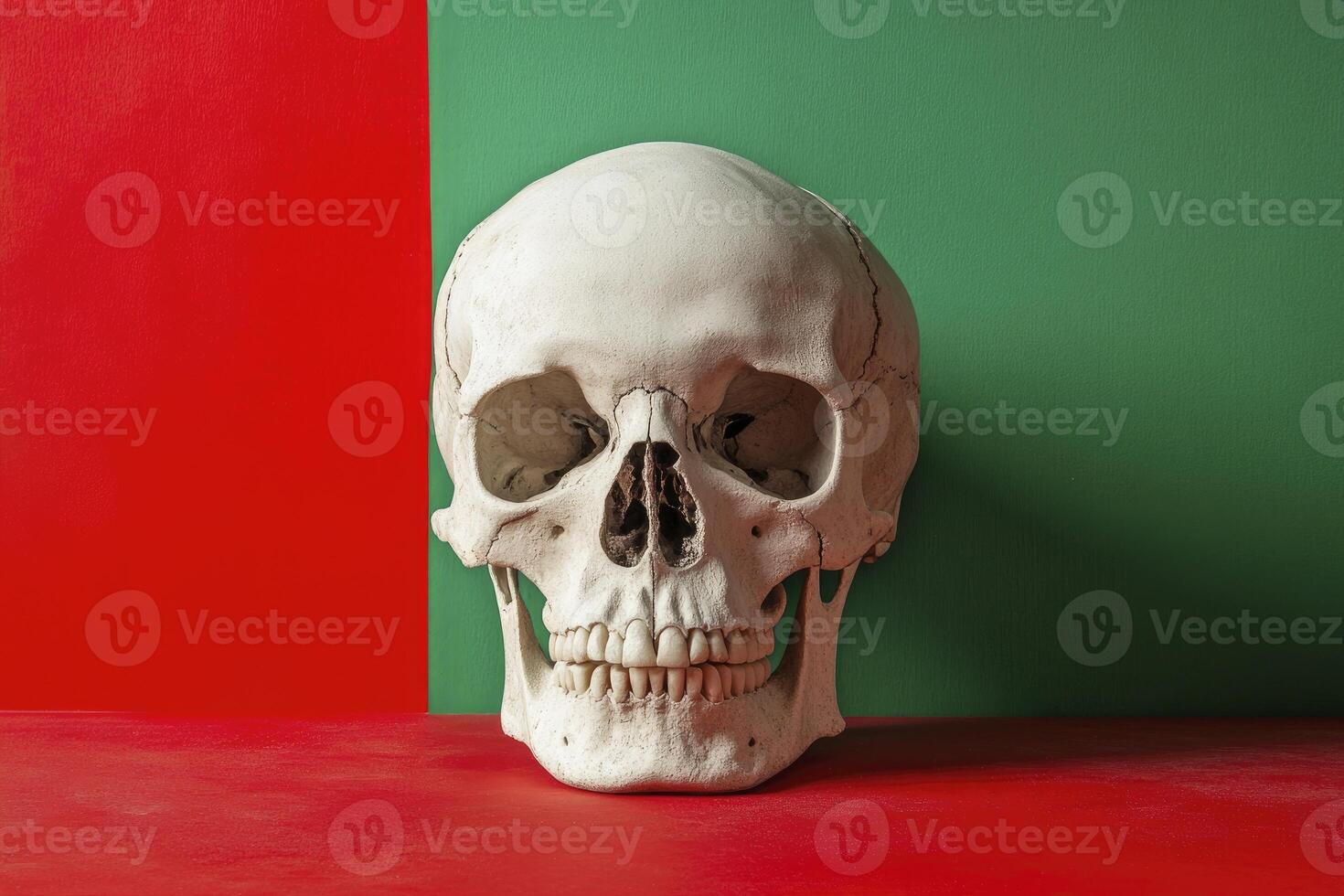 Human Skull Still Life Against Contrasting Red and Green Background photo