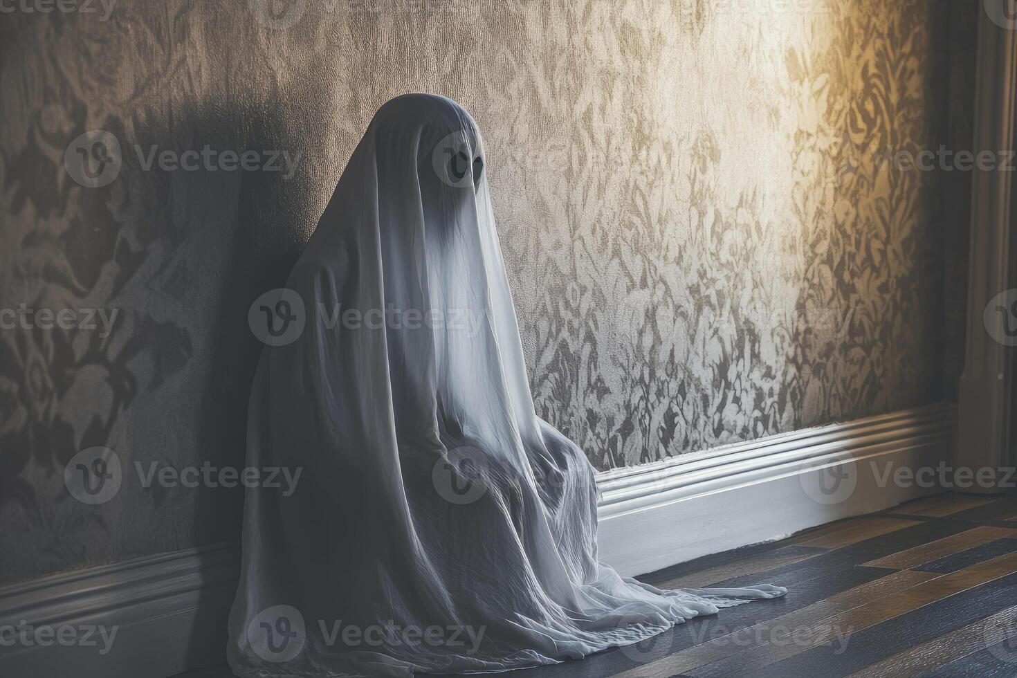 Sitting Ghost Covered with White Sheet Against Patterned Wall Indoors photo