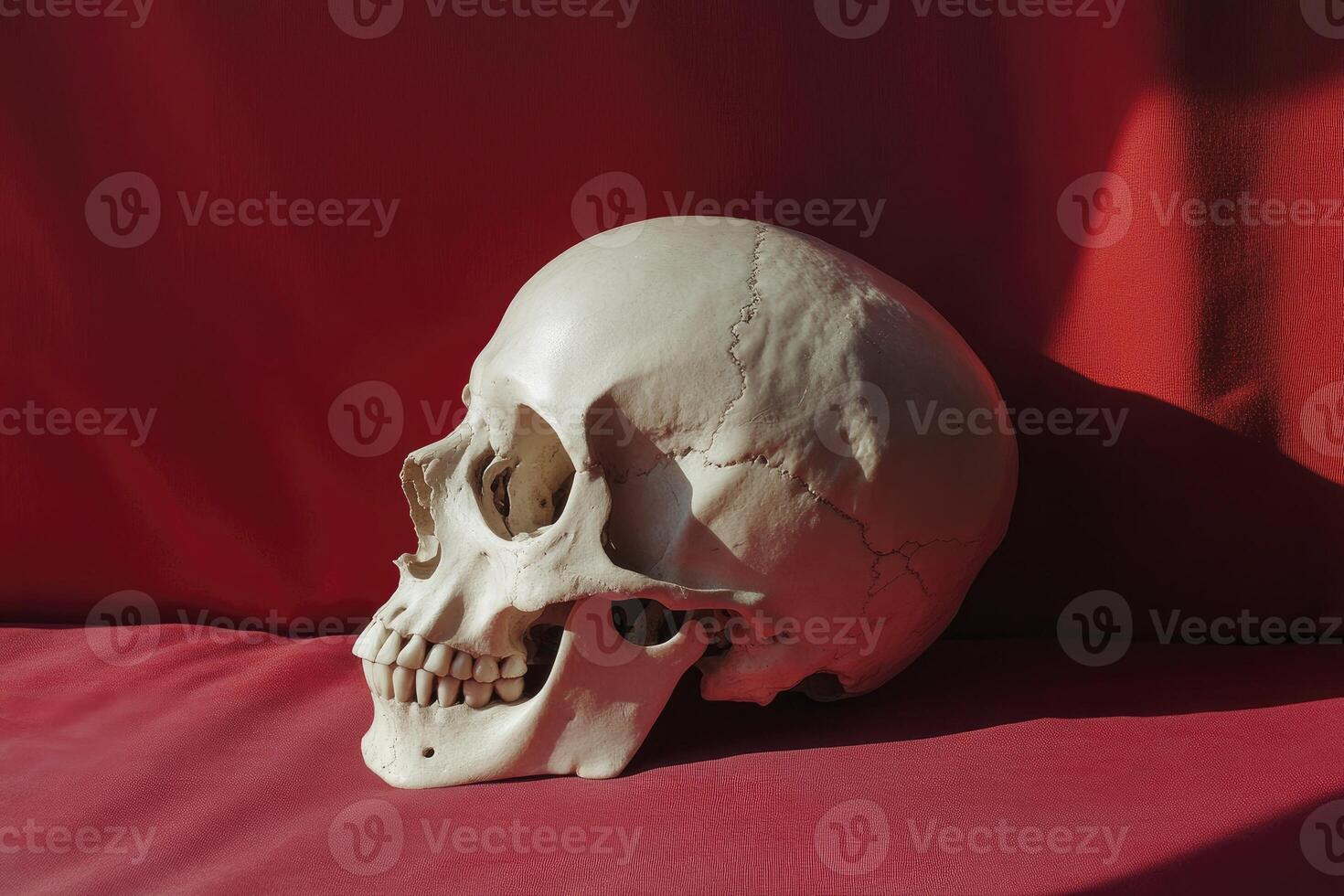 Anatomical Skull Model on Red Background for Medical or Halloween Imagery photo