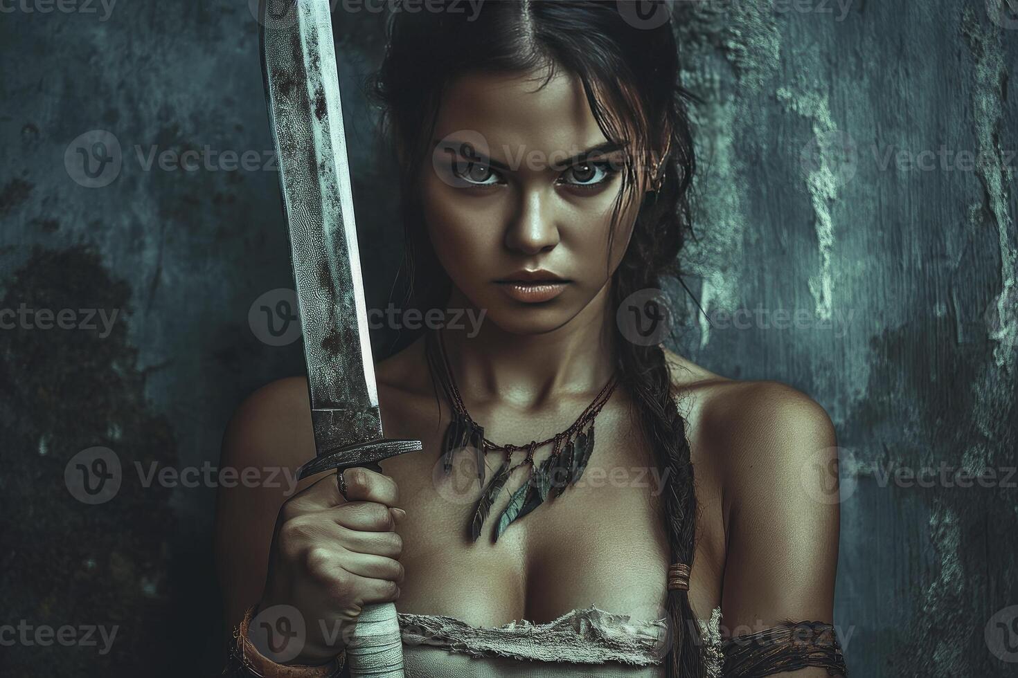 Warrior Woman Holding Sword Poses with Intense Expression and Fierce Look photo