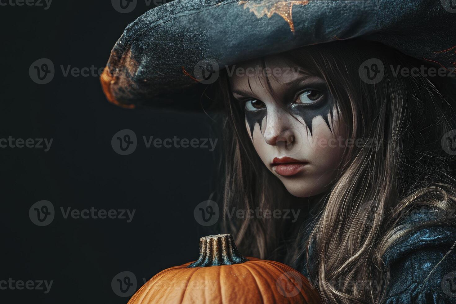 Girl Dressed As Witch Holding Pumpkin Ready for Halloween Night photo