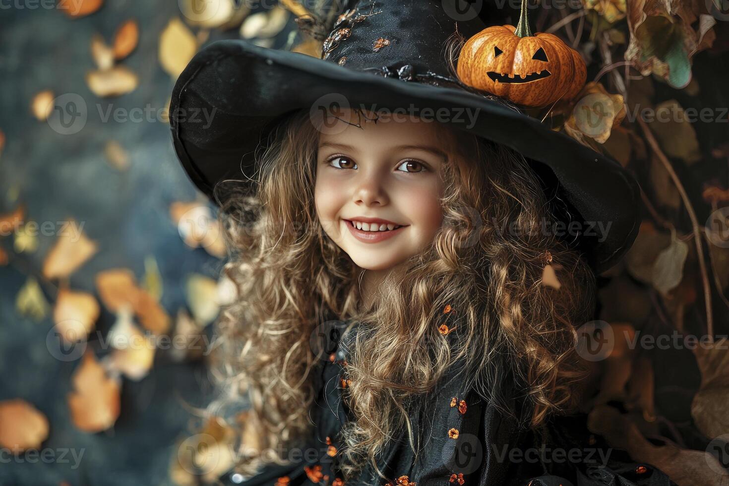 Smiling Little Girl in Witch Costume with Pumpkin for Halloween photo