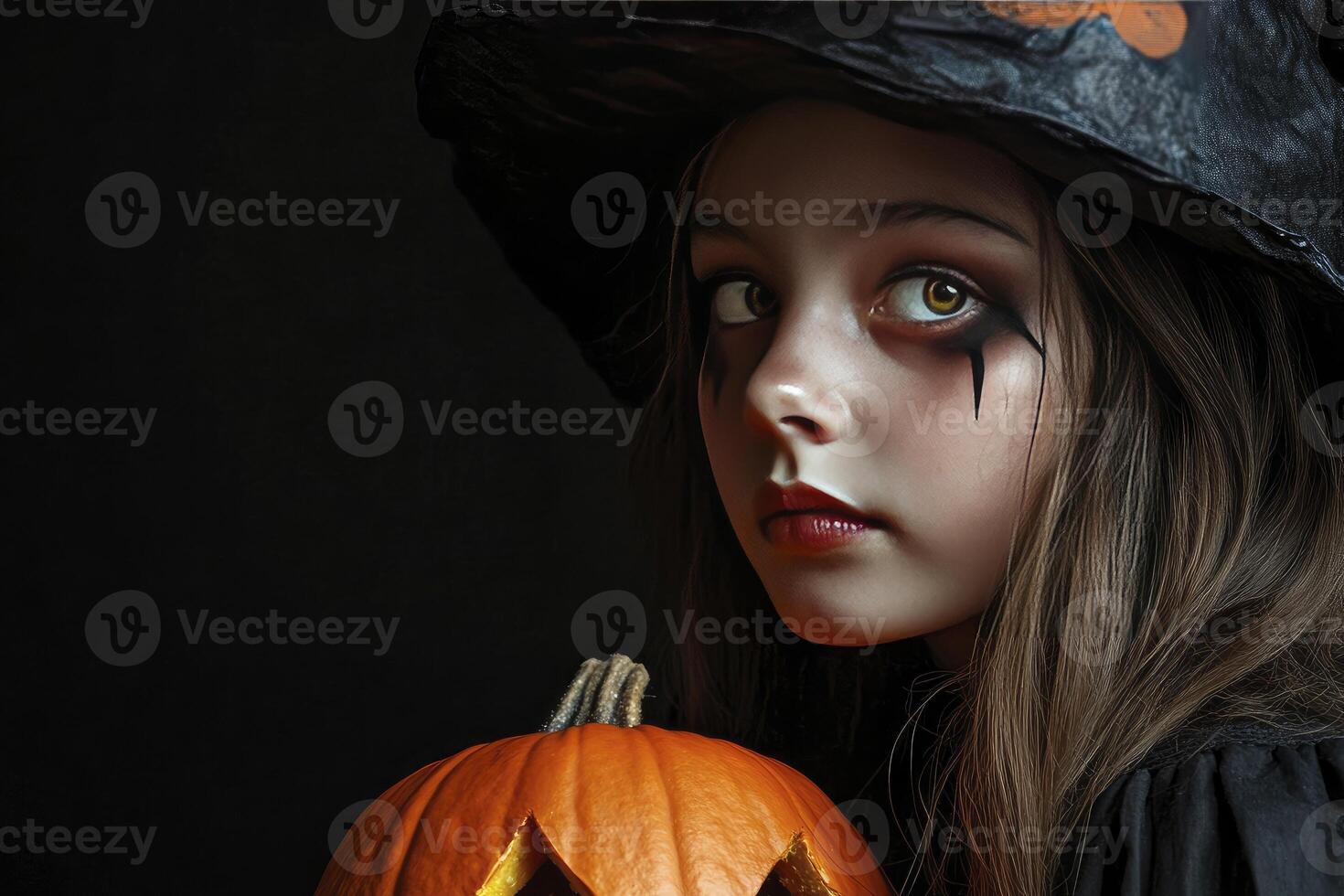 Girl in Witch Costume Holding Pumpkin for Halloween Night Celebration photo
