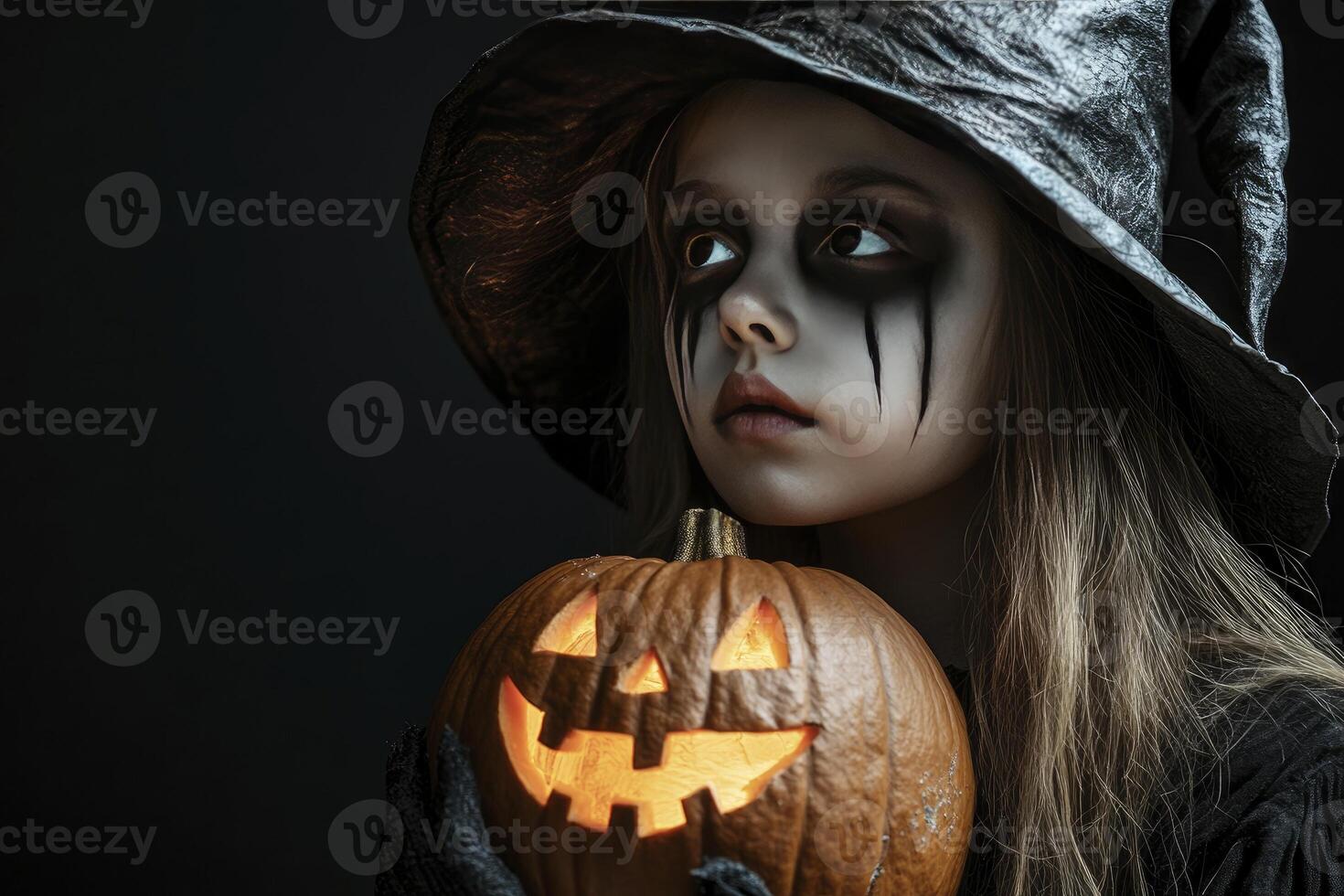 Girl Dressed As Witch Holding Glowing Jack-o'-lantern for Halloween photo