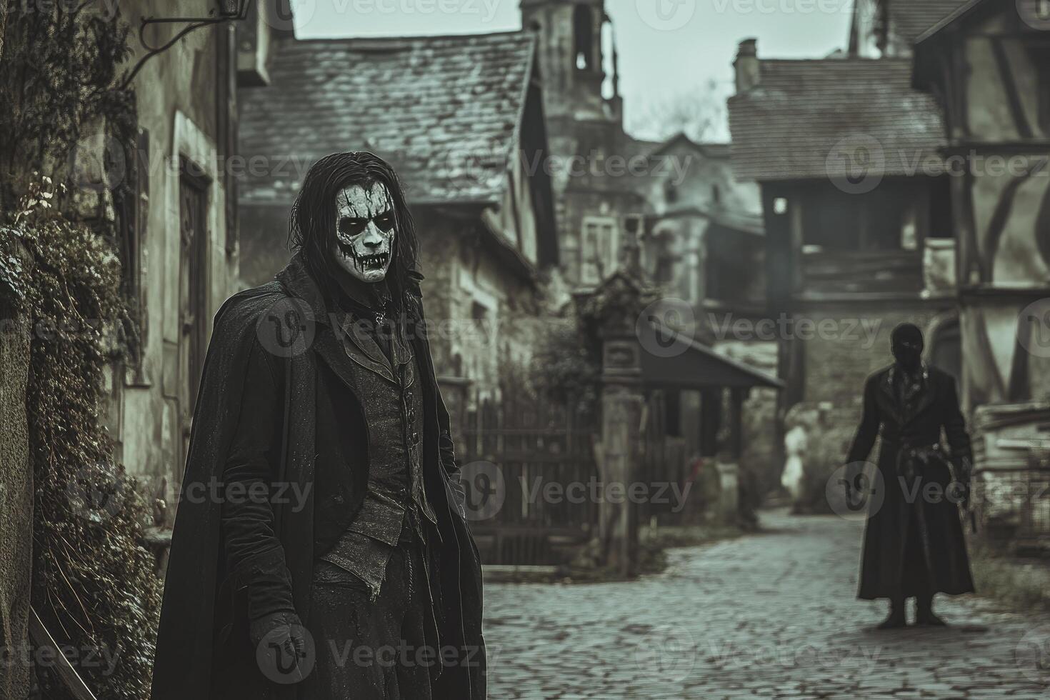 Man with Skull Face Paint Walking in Vintage European Cobblestone Street photo