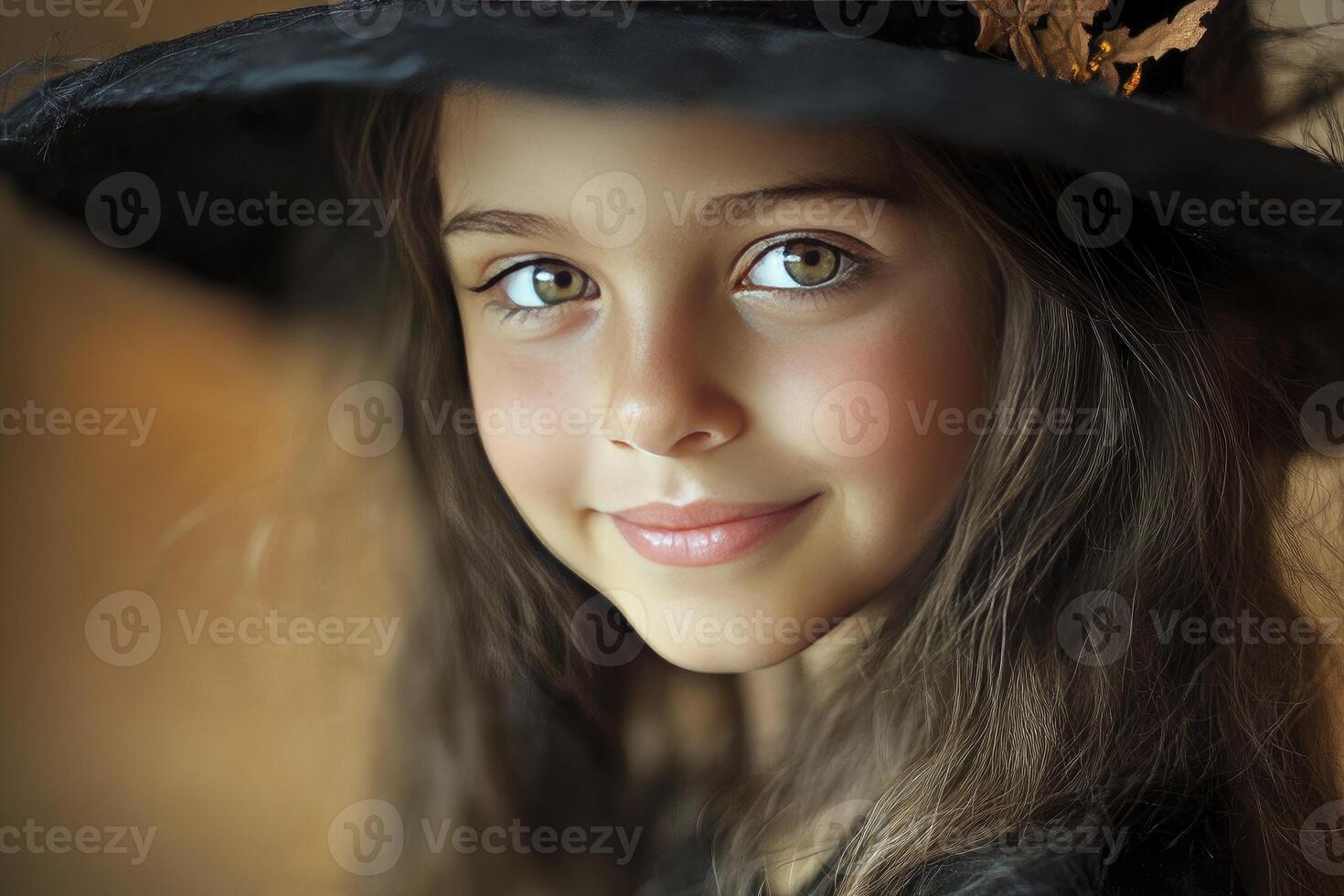 Girl Wearing Witch Hat Smiles During Halloween Celebration Portrait photo
