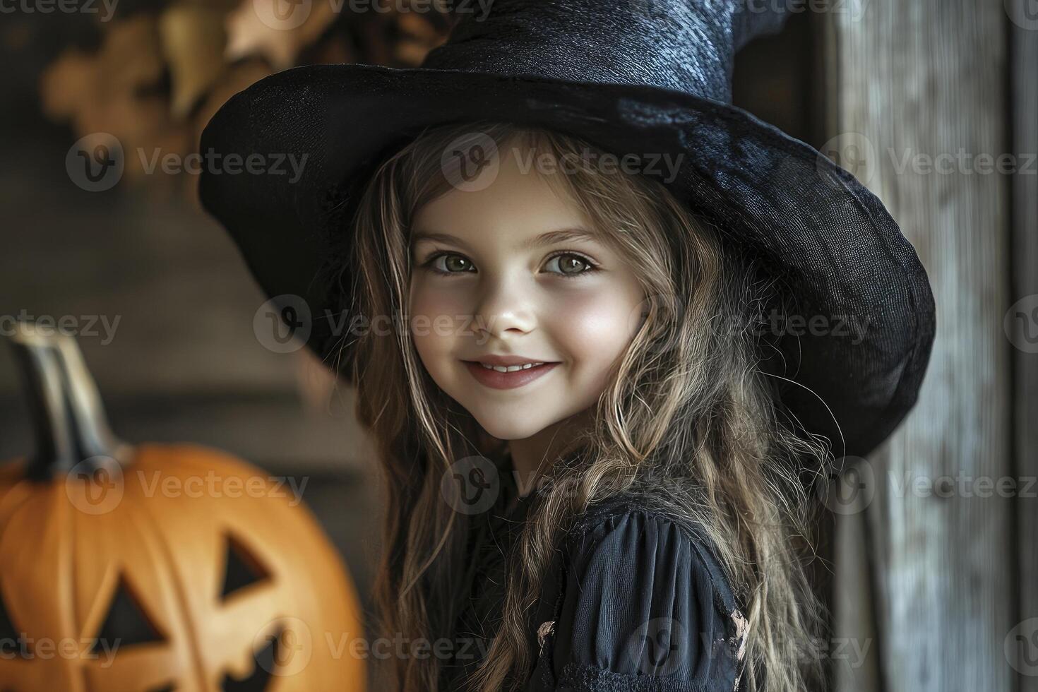 Smiling Girl in Witch Costume Near Pumpkin for Halloween Celebration photo