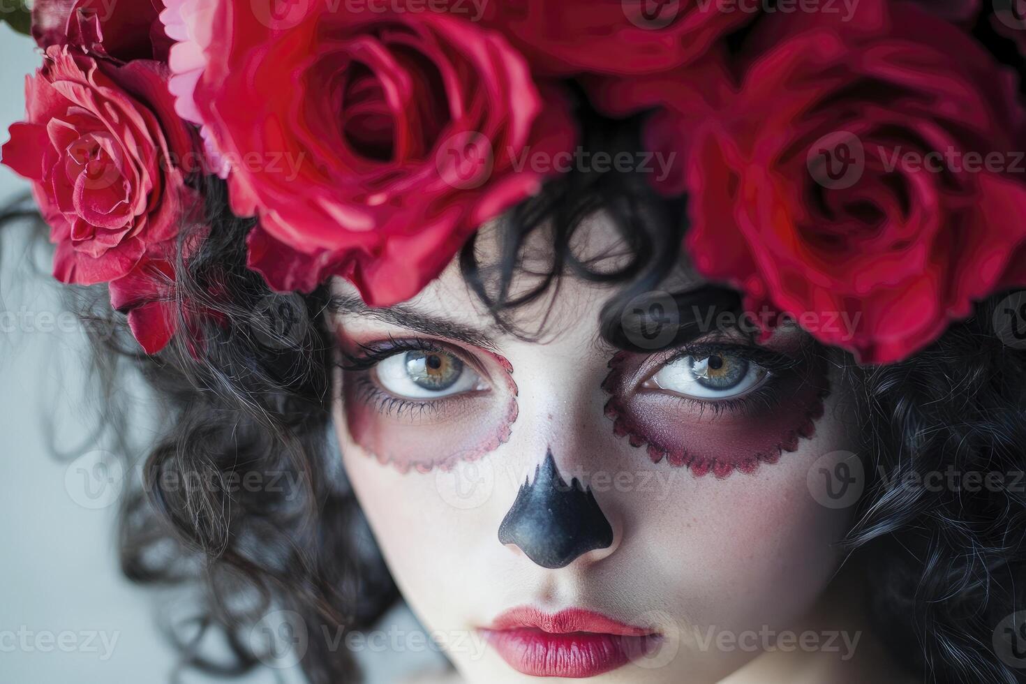A woman with a skull makeup and red roses photo