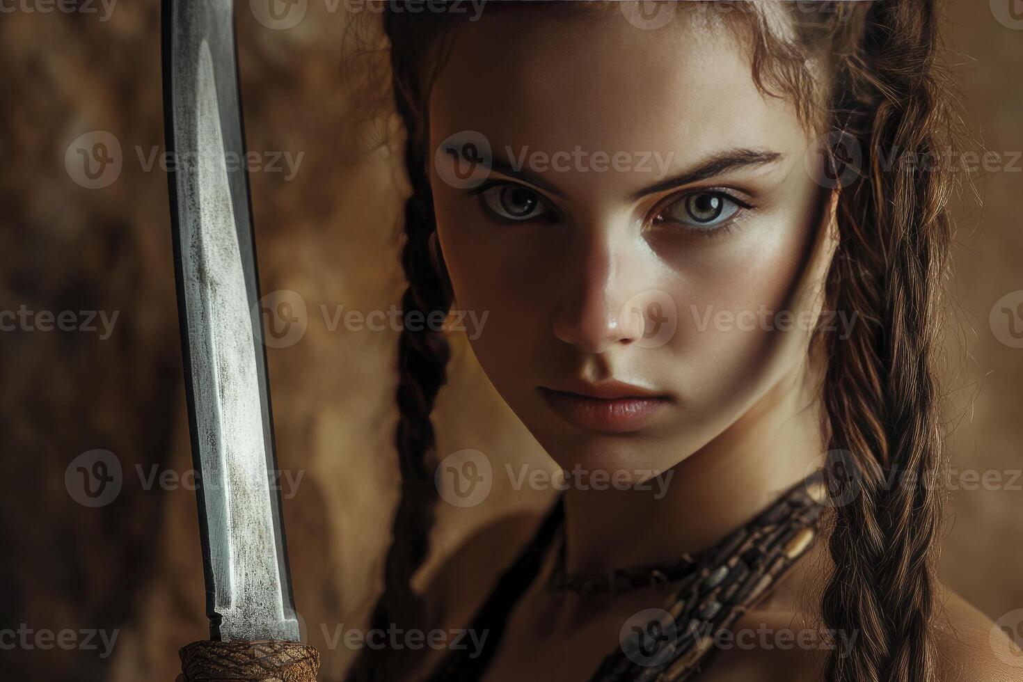 Warrior Girl with Sword Close-up and Braid Hairstyle in Dramatic Lighting photo