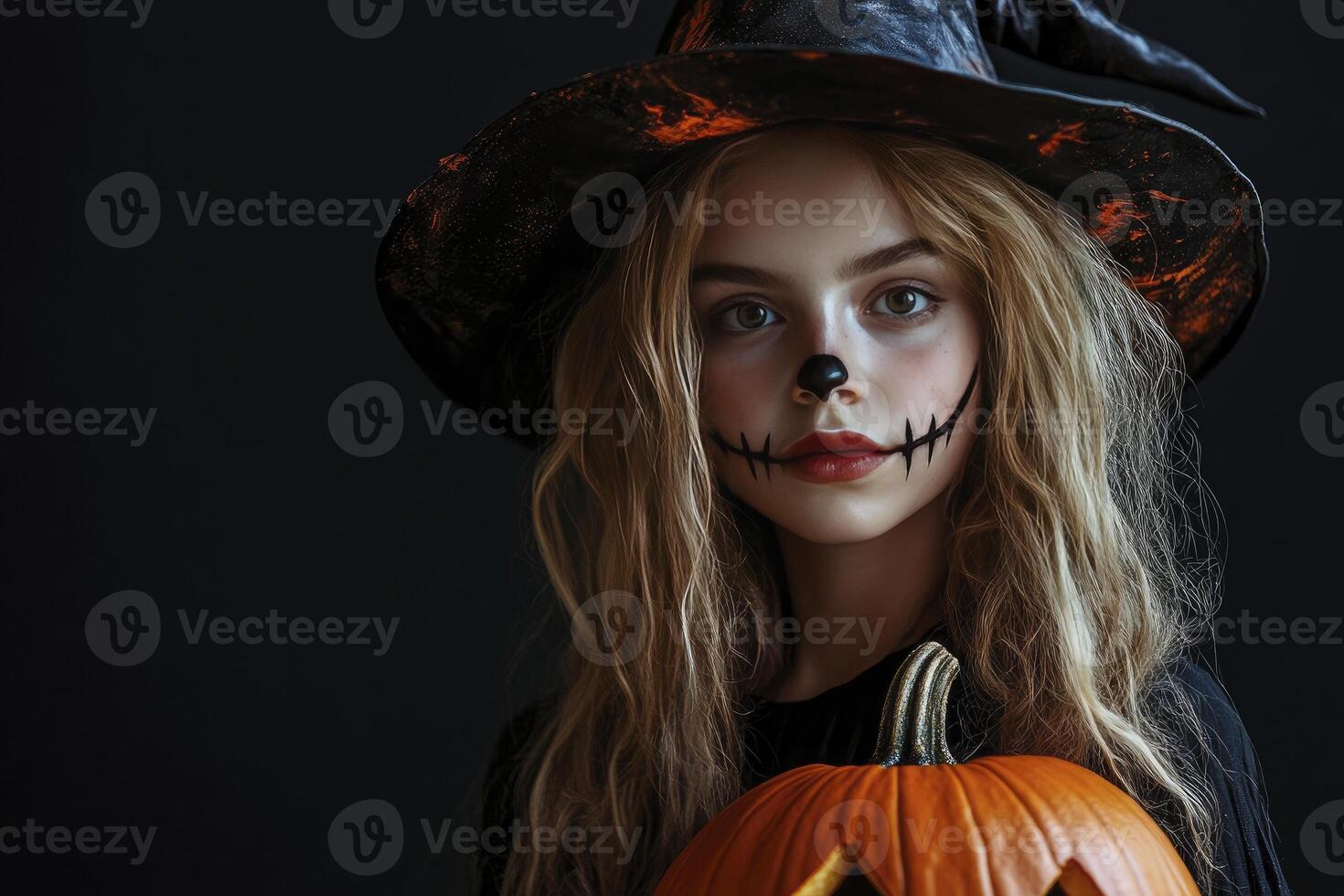 A young woman in a witch costume holding a pumpkin photo