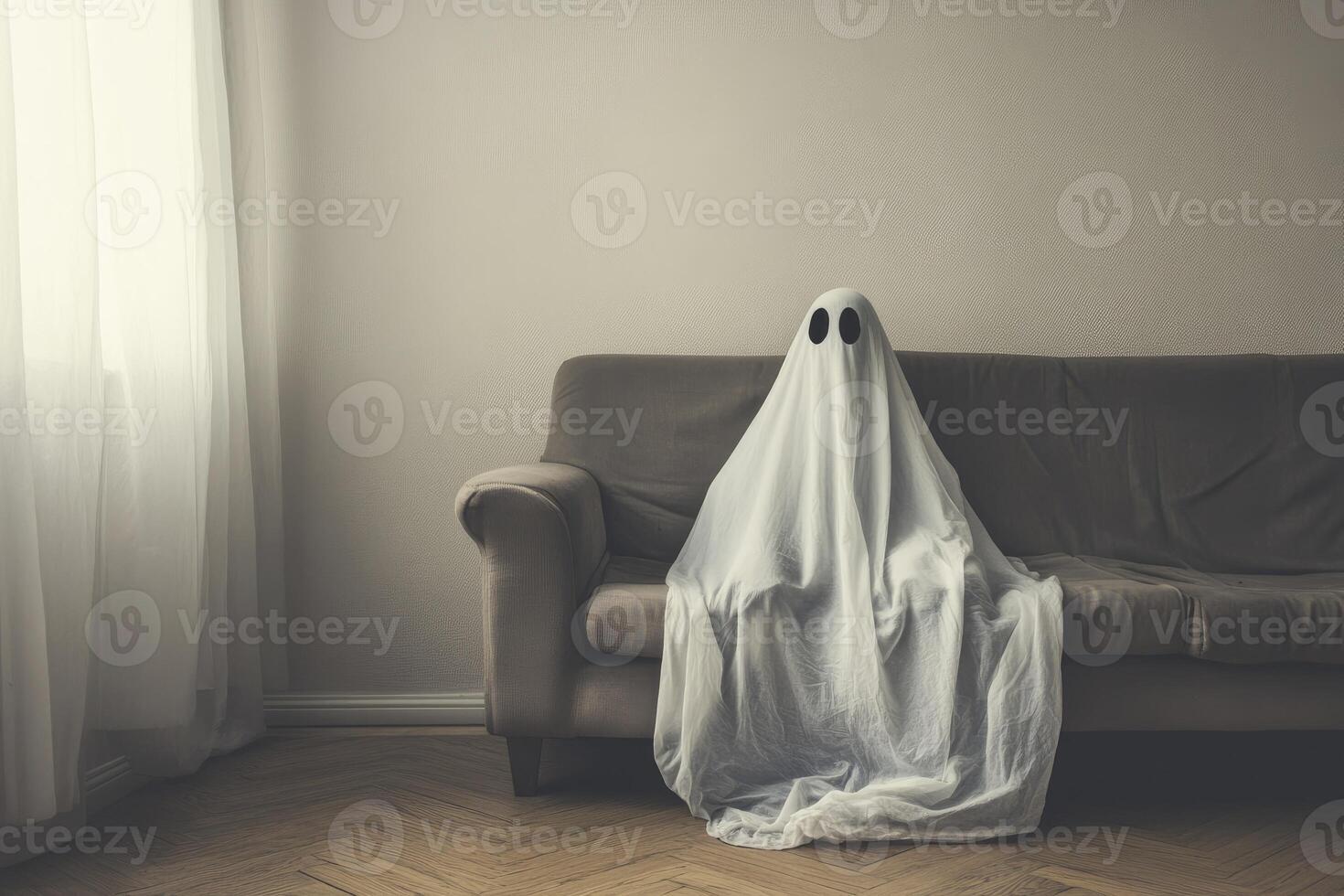 Ghost Sitting on Sofa Indoors Relaxing Home Costume Halloween Concept photo