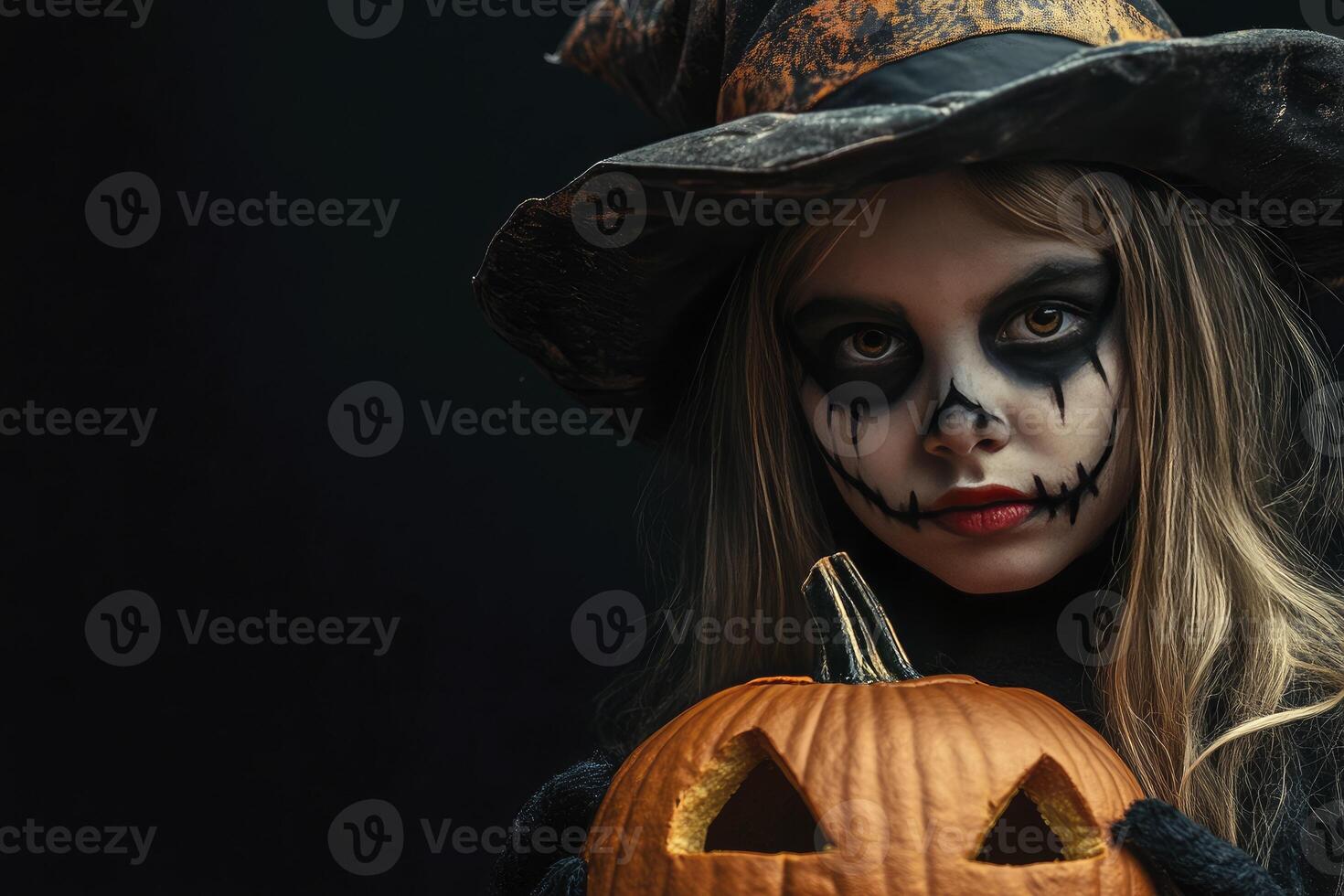 A young woman with a scary face and makeup holding a pumpkin photo