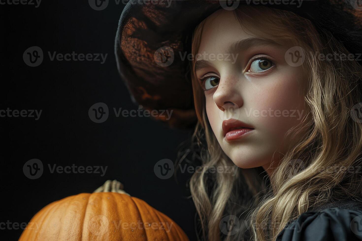 Girl in Witch Hat with Pumpkin Ready for Halloween Night photo