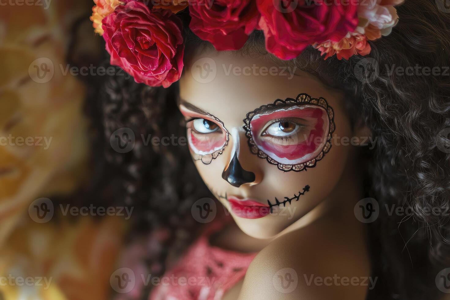 Girl with Sugar Skull Makeup and Floral Crown for Day of Dead photo