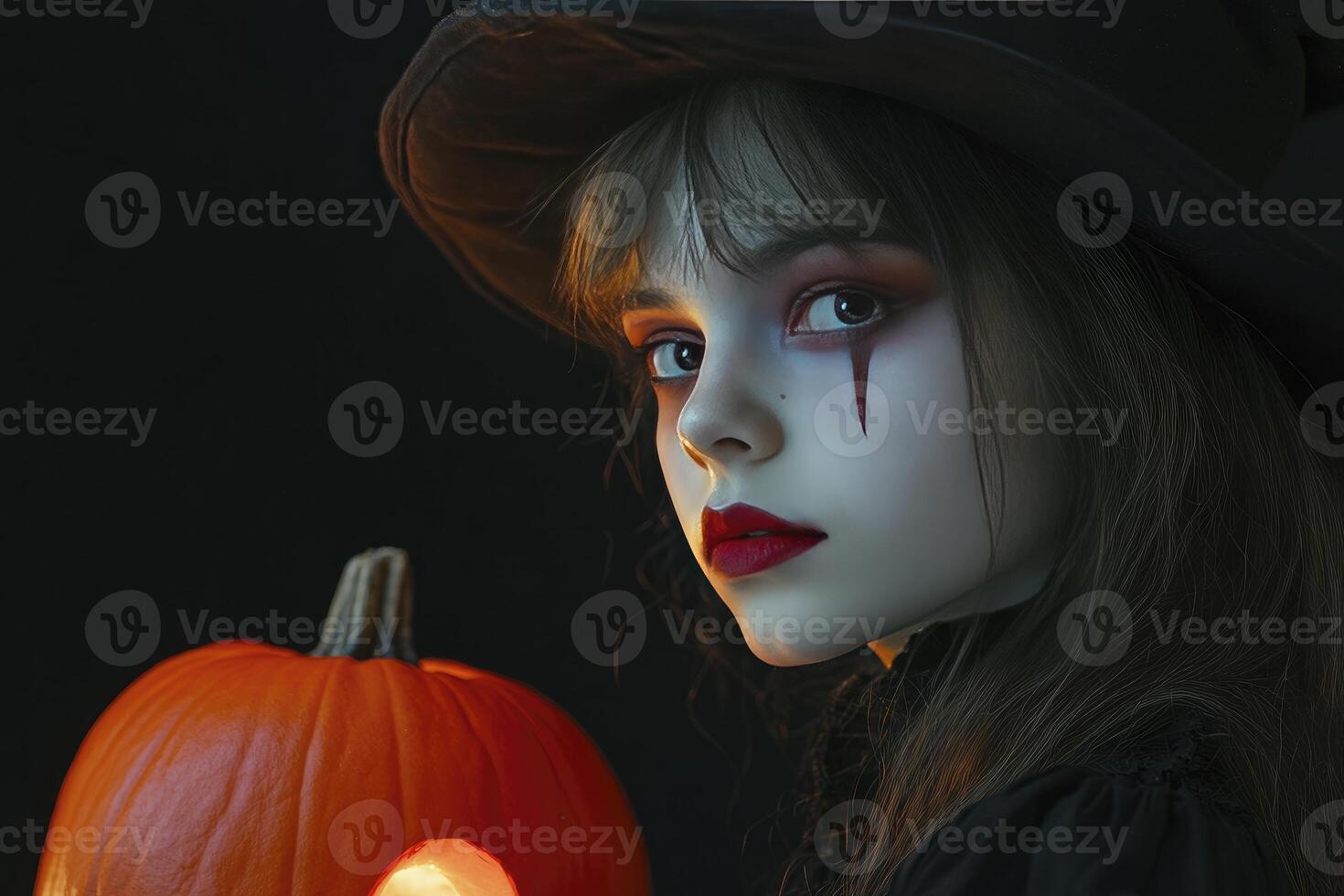 A young girl in a witch costume holding a pumpkin photo