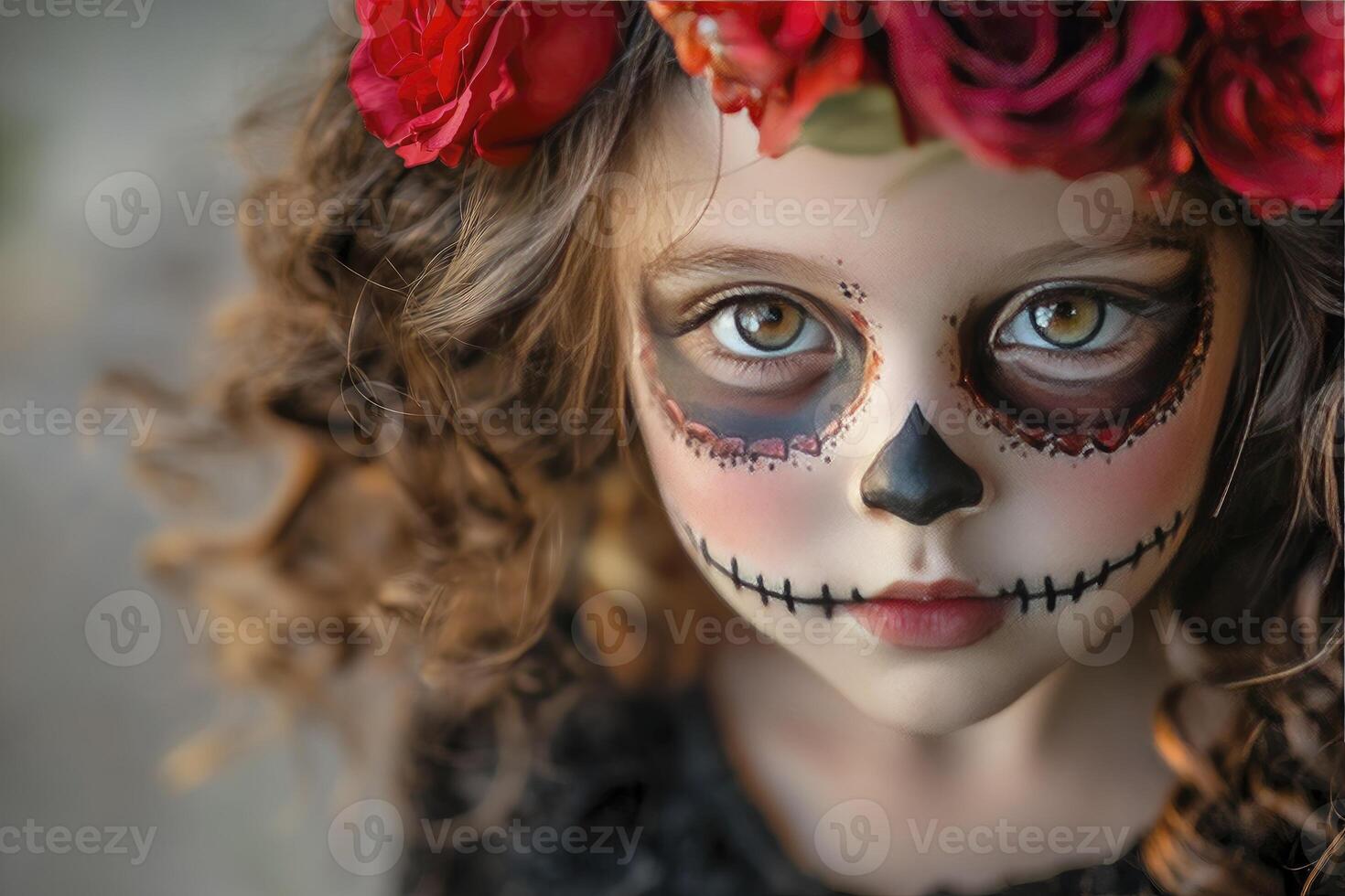 Girl with Sugar Skull Makeup and Roses for Halloween or Day photo