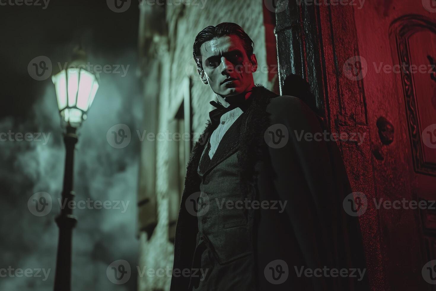 Man in Costume Posing at Night on City Street Under Streetlight photo