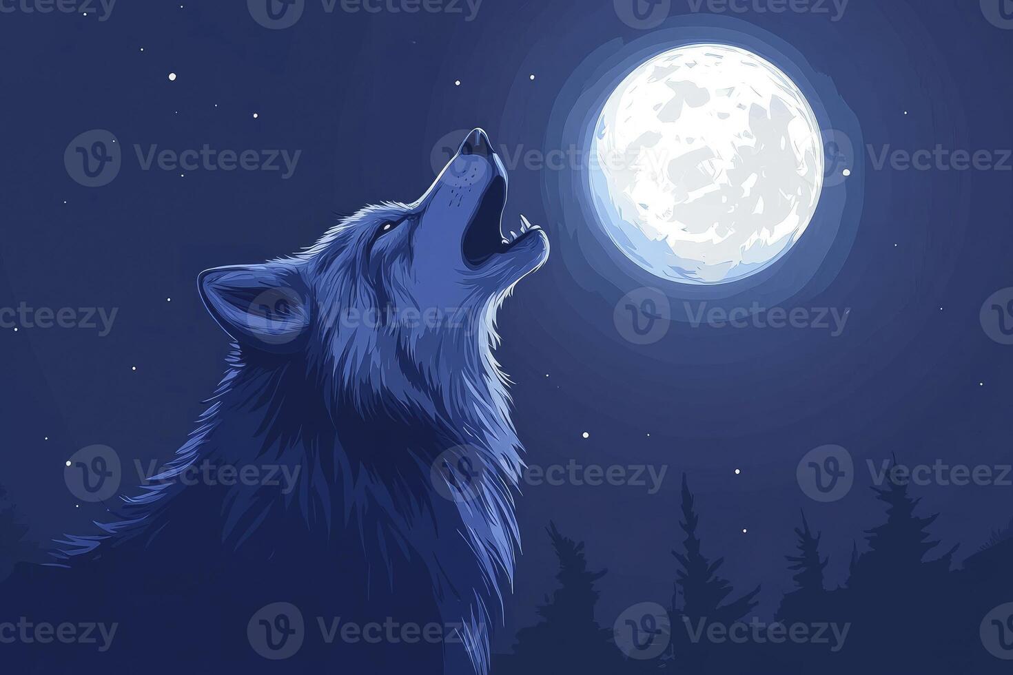 Wolf Howling at the Full Moon in Night Forest Illustration photo