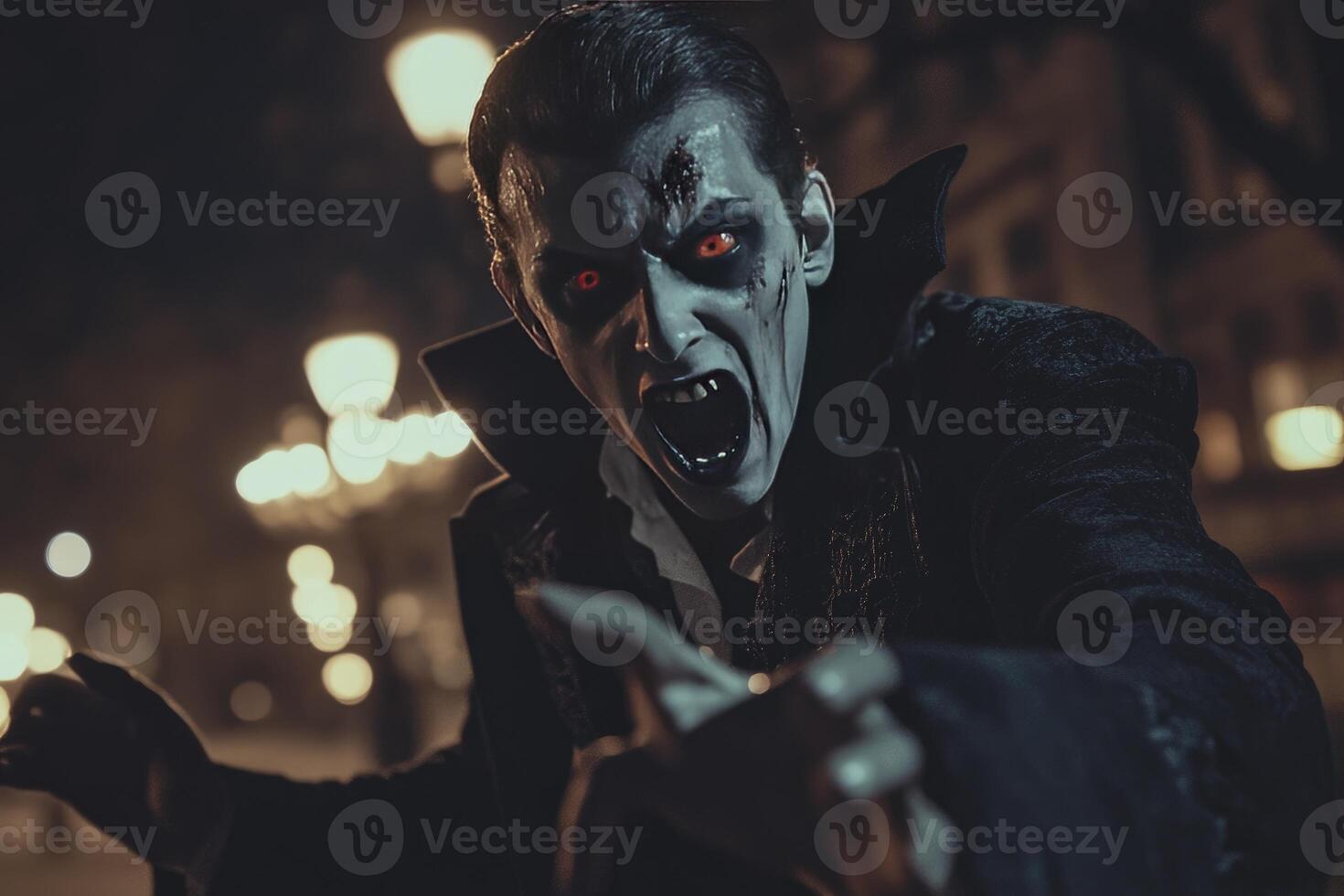 Vampire Menacing with Red Eyes and Fangs in Dark Urban Setting photo