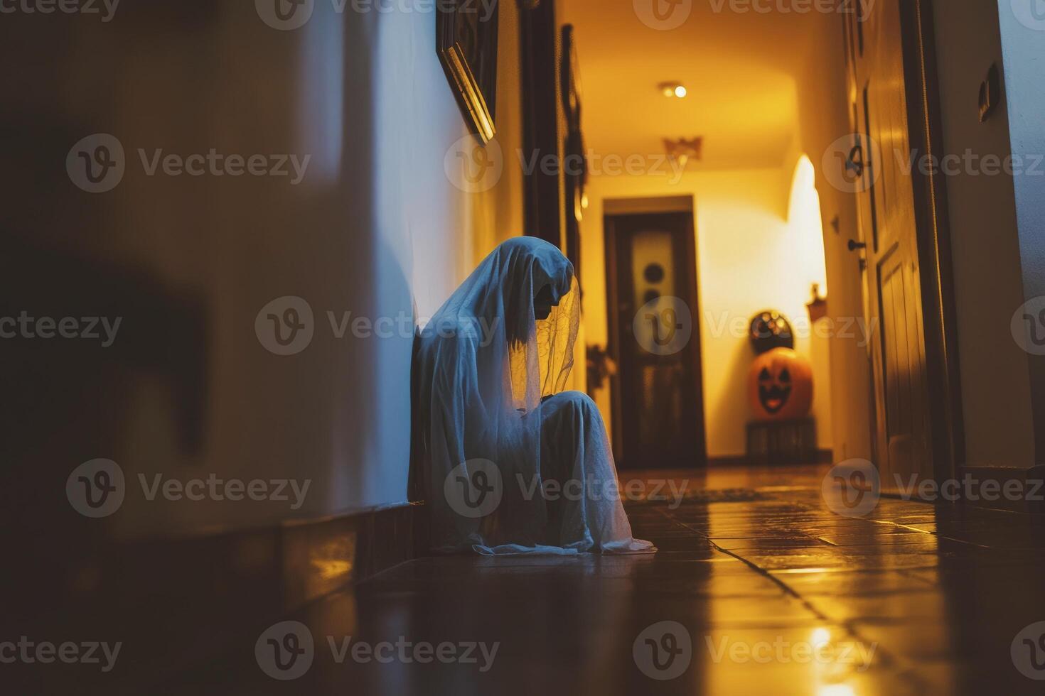 Ghost Figure Sitting in Hallway with Pumpkins for Halloween Decoration photo