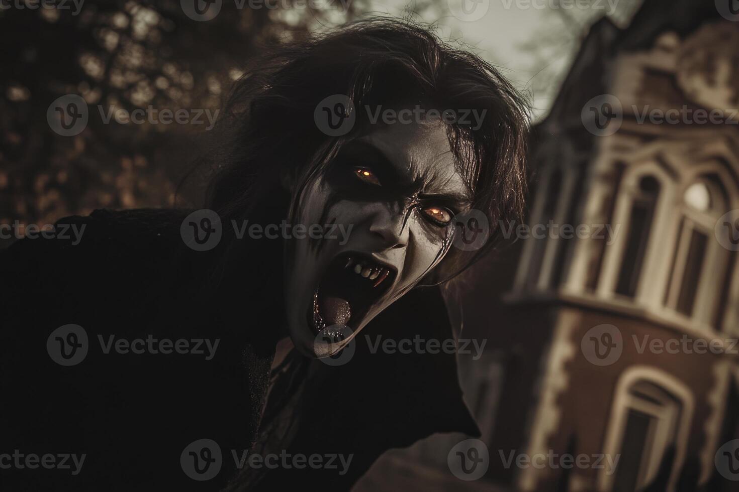 Creepy Vampire Growling with Glowing Eyes and Sharp Fangs Outdoor photo