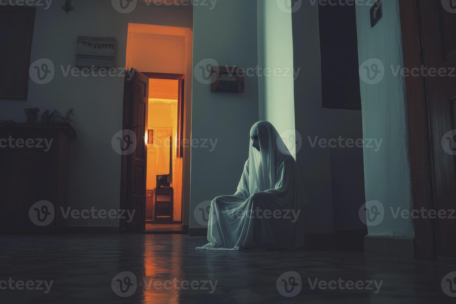 Figure Covered by White Sheet Sitting in a Dark Home Interior photo