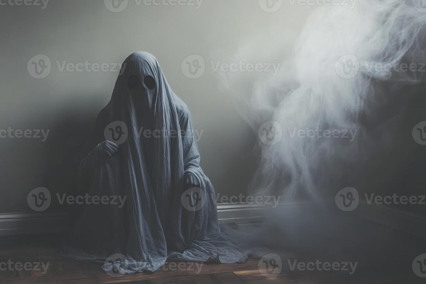 Spooky Ghost Shrouded in a Sheet with Mist for Halloween Scene photo