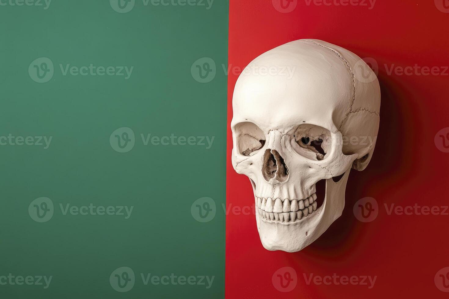 Human Skull on Red and Green Background Still Life Image photo