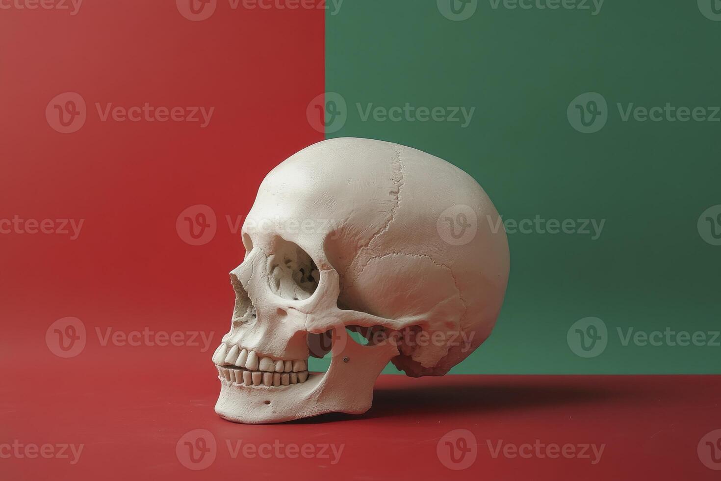 Side View of Human Skull on Red and Green Background Still Life photo