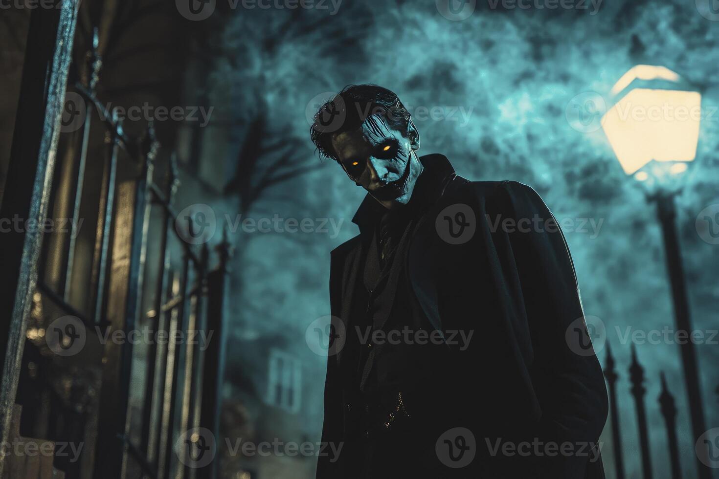 Creepy Vampire Portrait with Glowing Eyes at Night in Dark Ambience photo