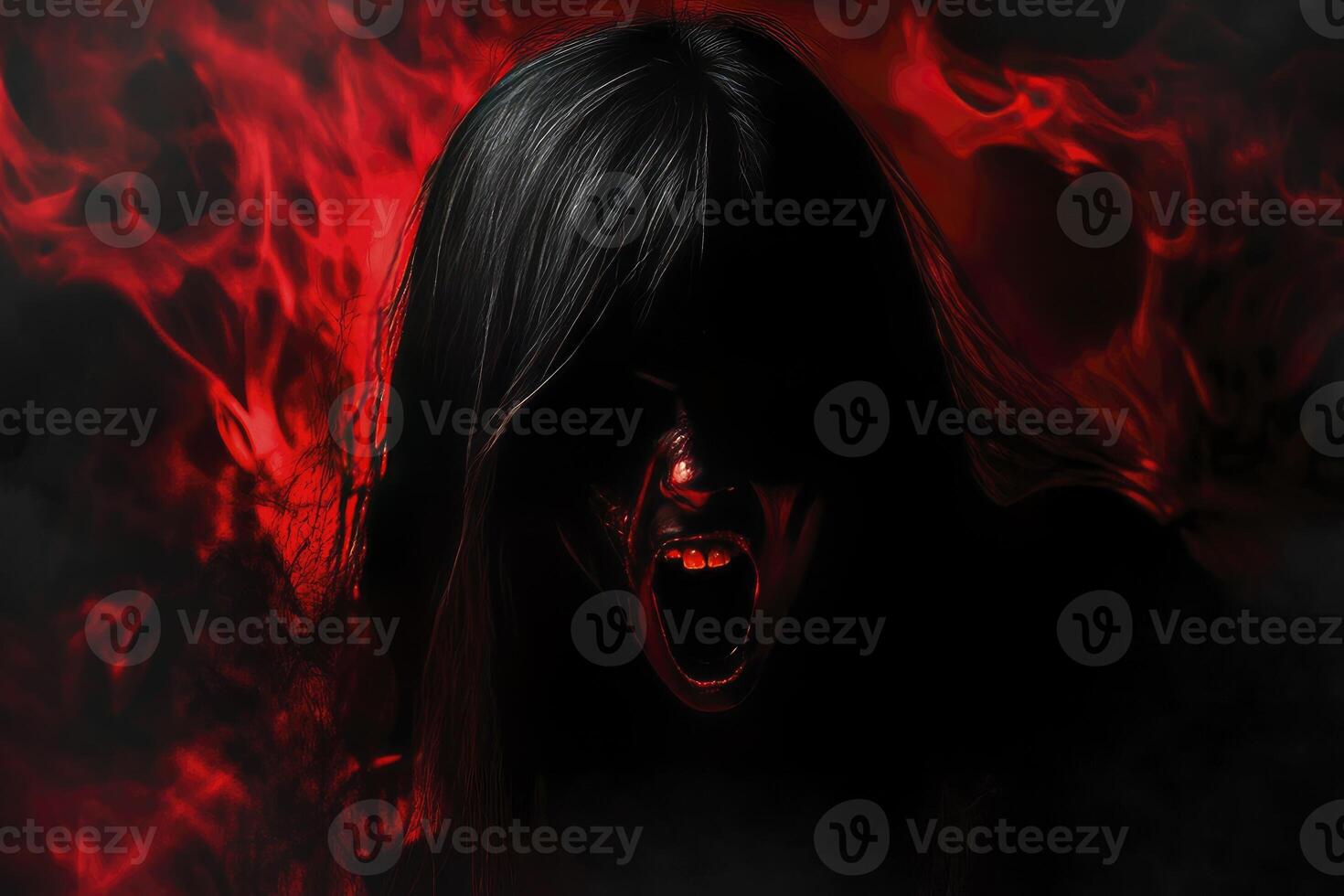 Terrifying Ghost Screaming with Red Flame Background Creating a Horror Scene photo