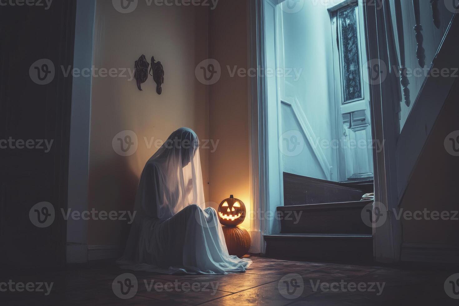 Ghost Sitting with Halloween Pumpkins on Dark Floor in Spooky Home photo