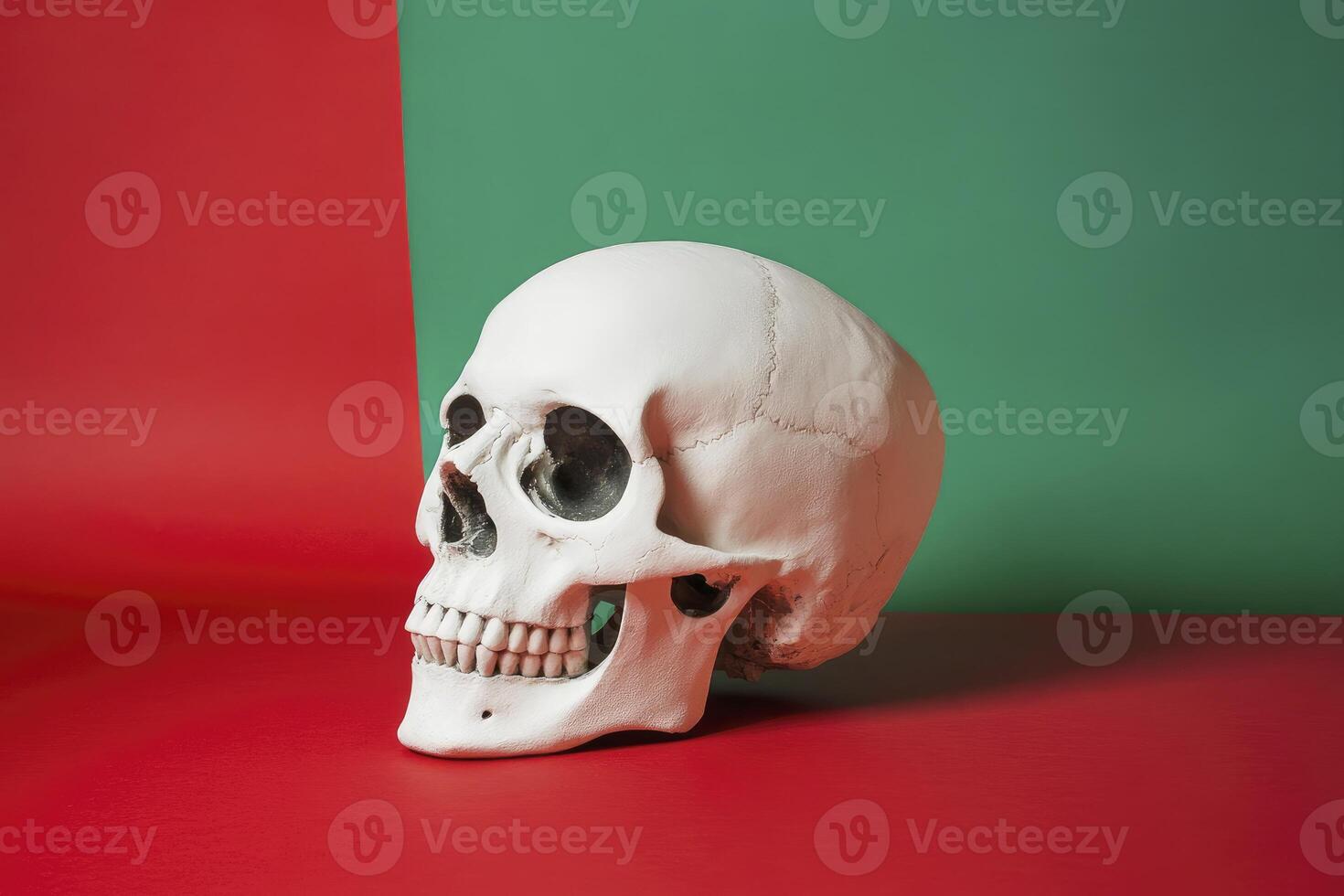 Anatomical Skull on a Vibrant Red and Green Background Studio Shot photo