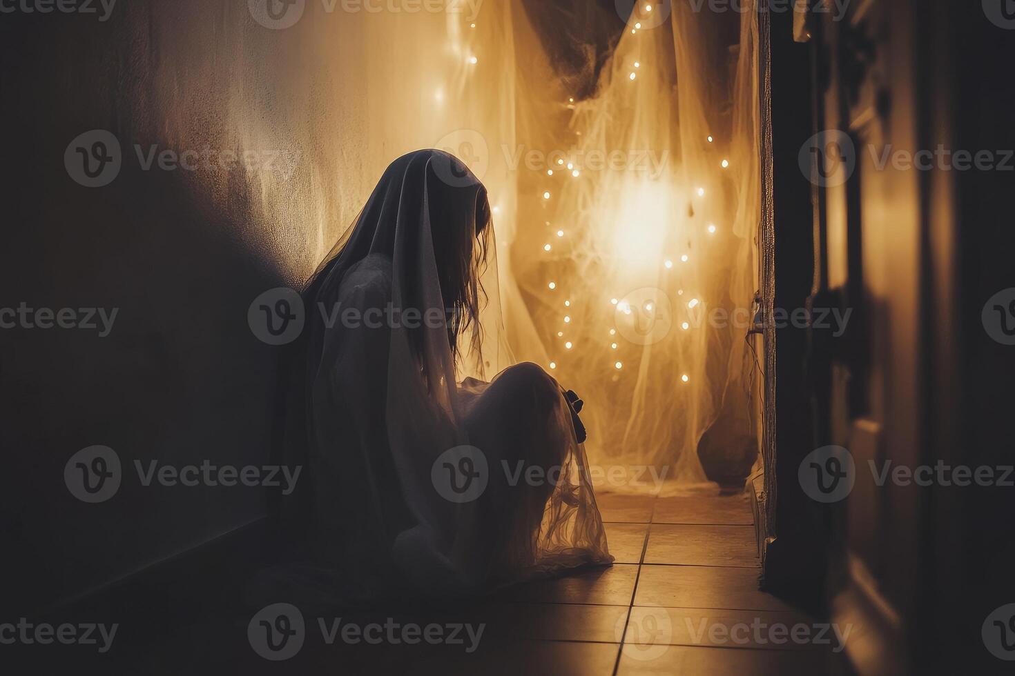 Seated Child Covered in Sheet with String Lights for Halloween photo
