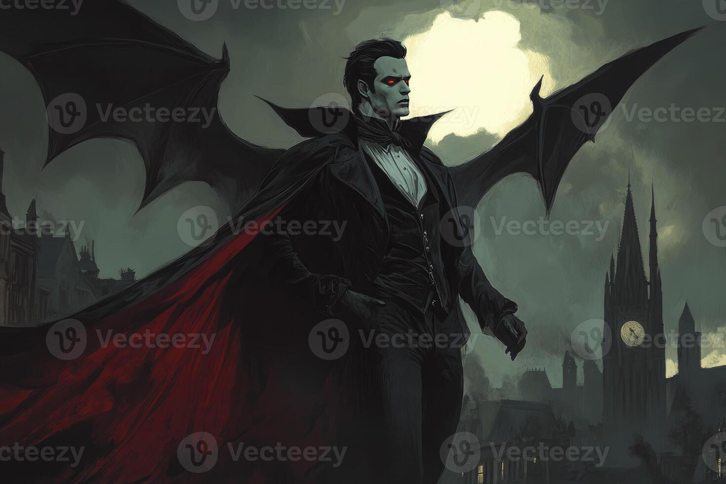 Vampire with Wings Standing in Dark Cityscape with Red Eyes photo