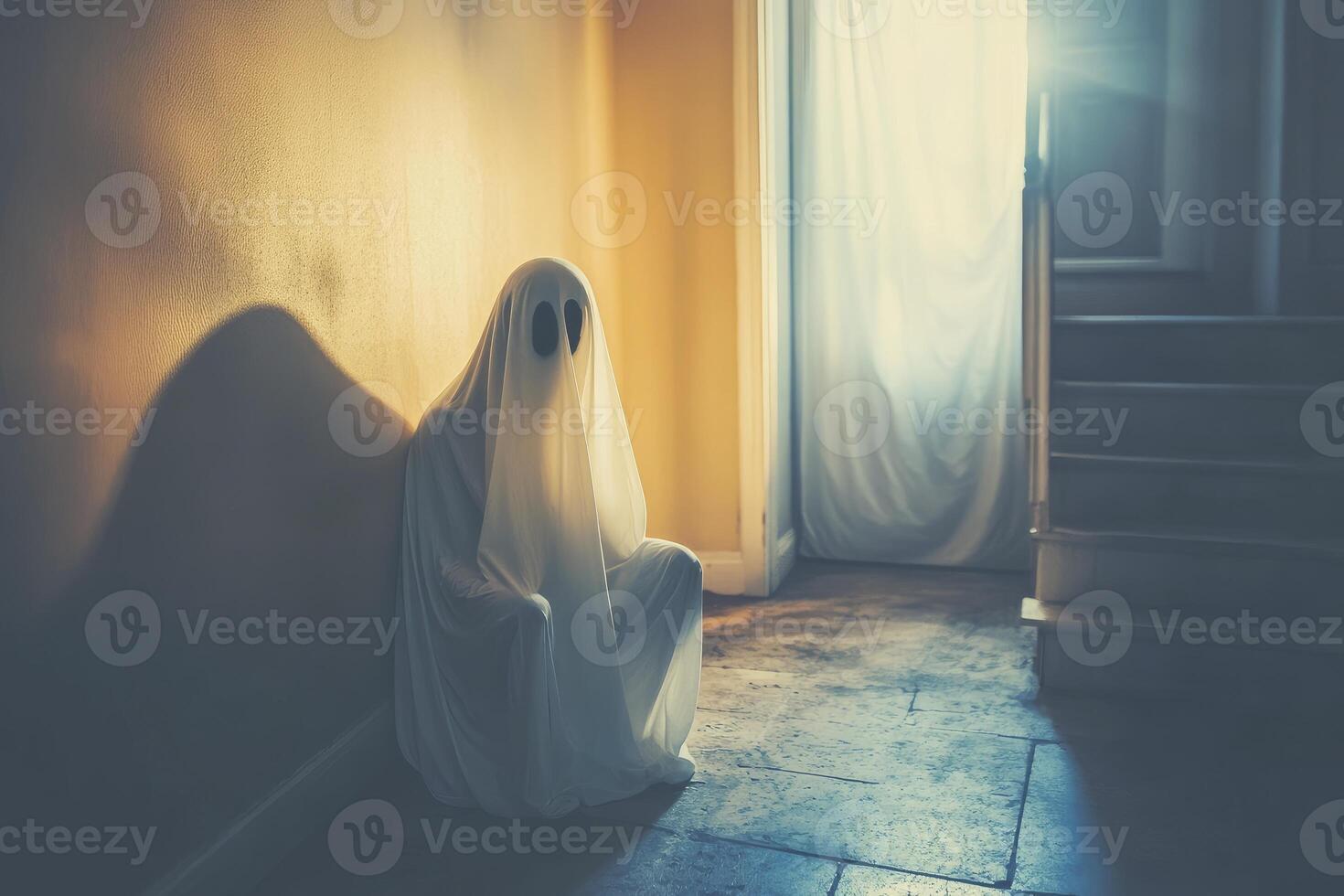 Sitting Ghost Under Sheet in Hallway During Halloween Haunted House photo