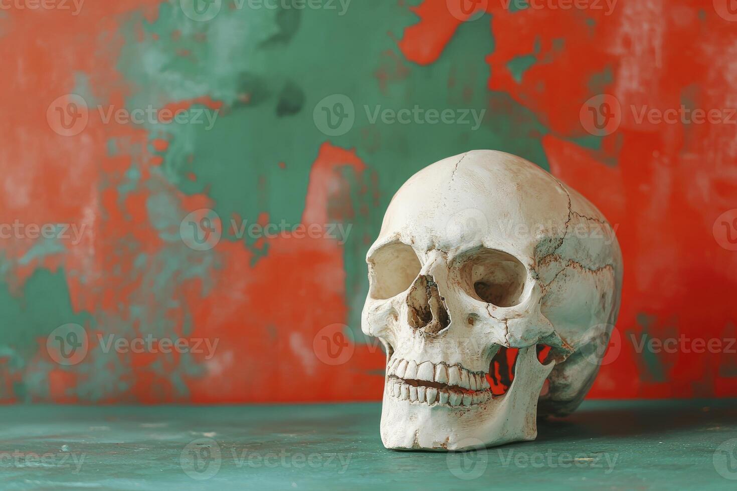Human Skull with Red and Green Backdrop for Medical or Halloween photo