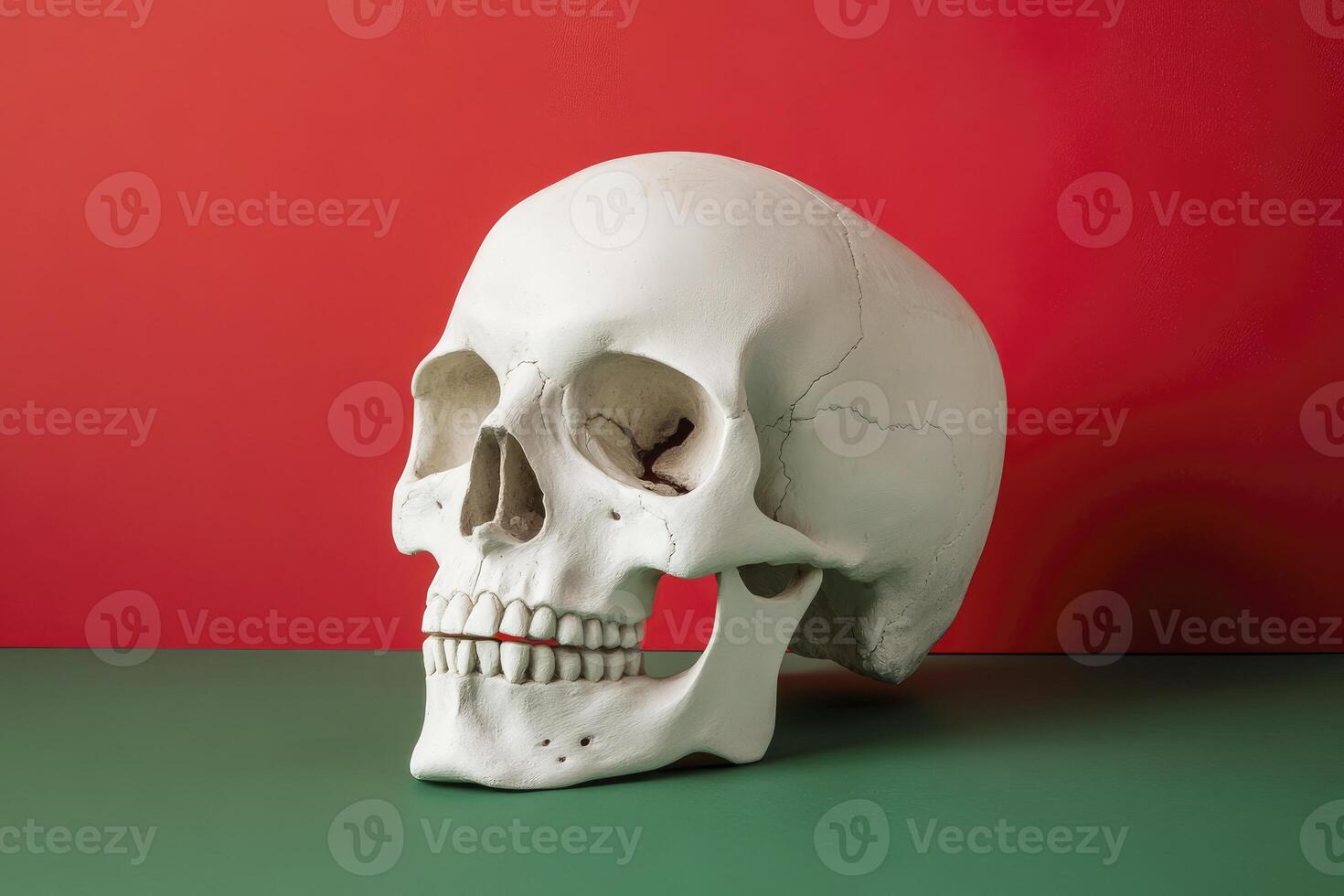White Skull on Green Surface with Red Backdrop Studio Shot photo