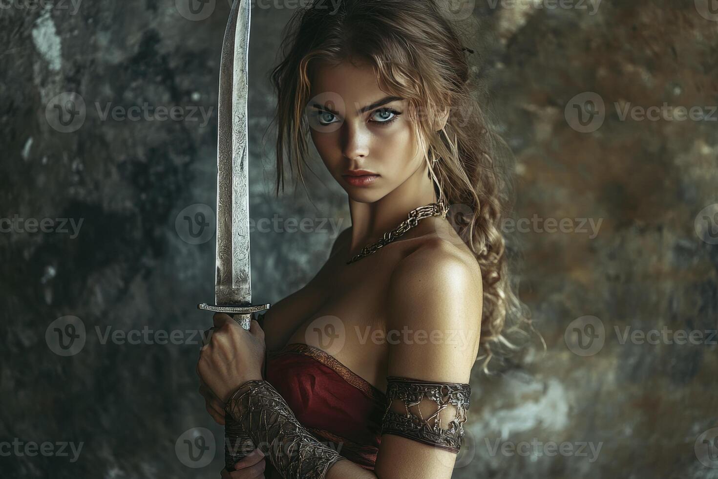 Woman Warrior Holding Sword with Determination and Intense Gaze Posing photo
